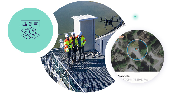 Three utility workers are talking to one another at a wastewater treatment plant. An aerial map shows the location of a manhole next to them