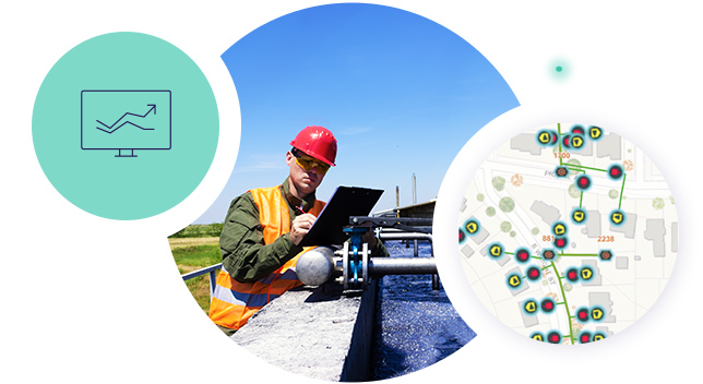 Mobile worker with a red hard hat logs notes about wastewater assets. A map of a digital wastewater network is next to him