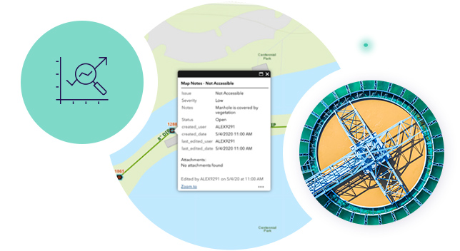 A symbol of a graph and magnifying glass overlays circles showing a map with manhole data and a waste water clarifier