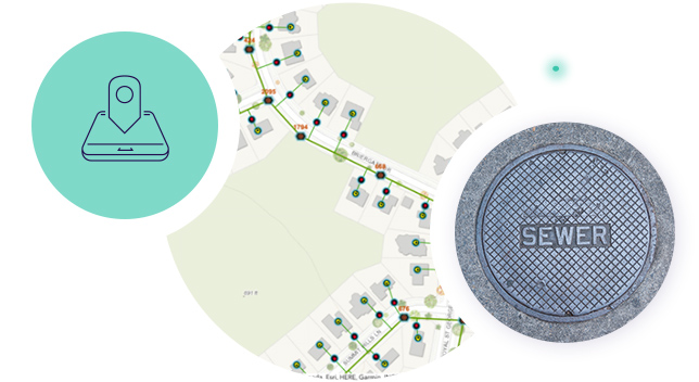 A maintenance hole cover is next to a digital network map with symbols for wastewater assets