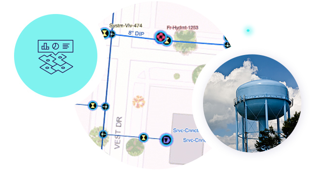A symbol for location intelligence overlays a water distribution network map and a blue water tower