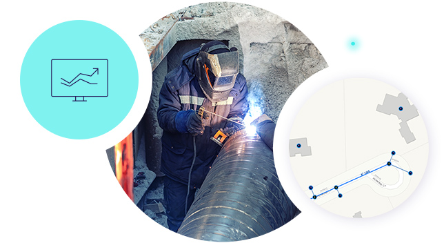 A symbol of an arrow increasing overlays a network map and a worker welding a large underground pipe