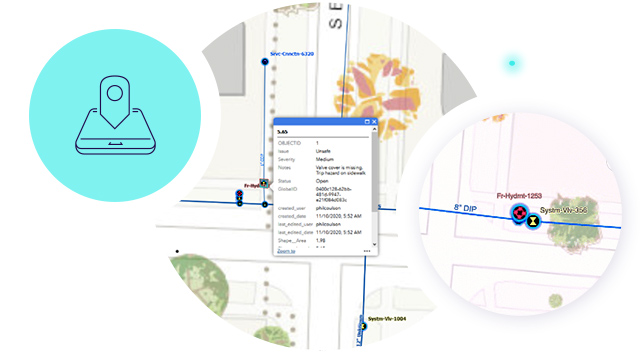 A symbol for mobile maps overlays two network maps showing water distribution asset locations and details