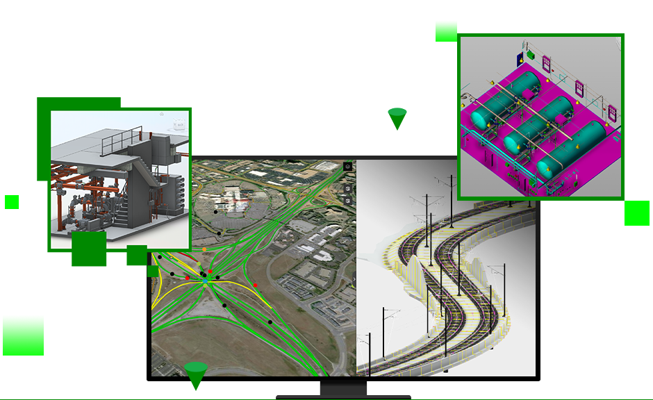 A monitor displaying a 3D map marked in yellow and green and a 3D railway model, overlaid by two squares showing 3D infrastructure models