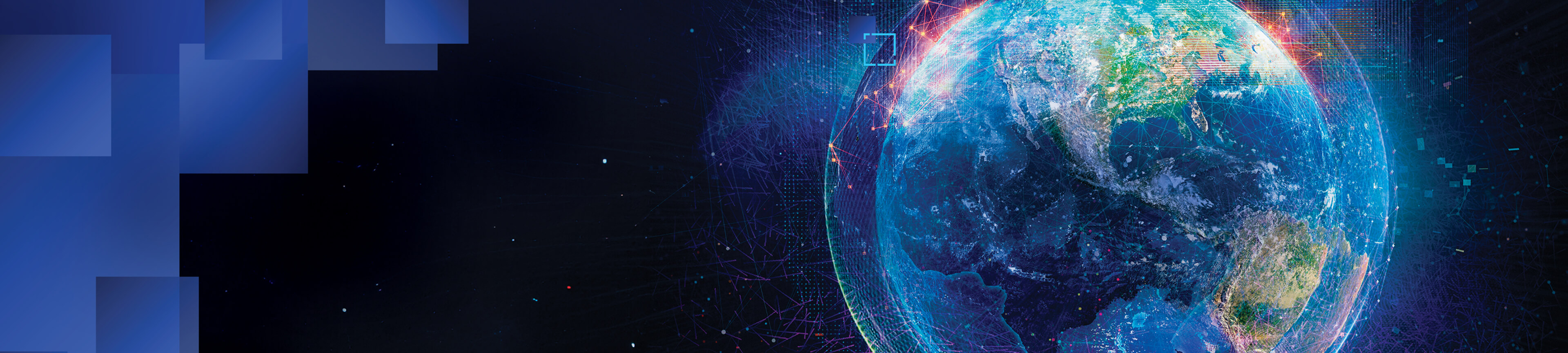 Glowing blue lines form a digital network surrounding a realistic representation of the Earth