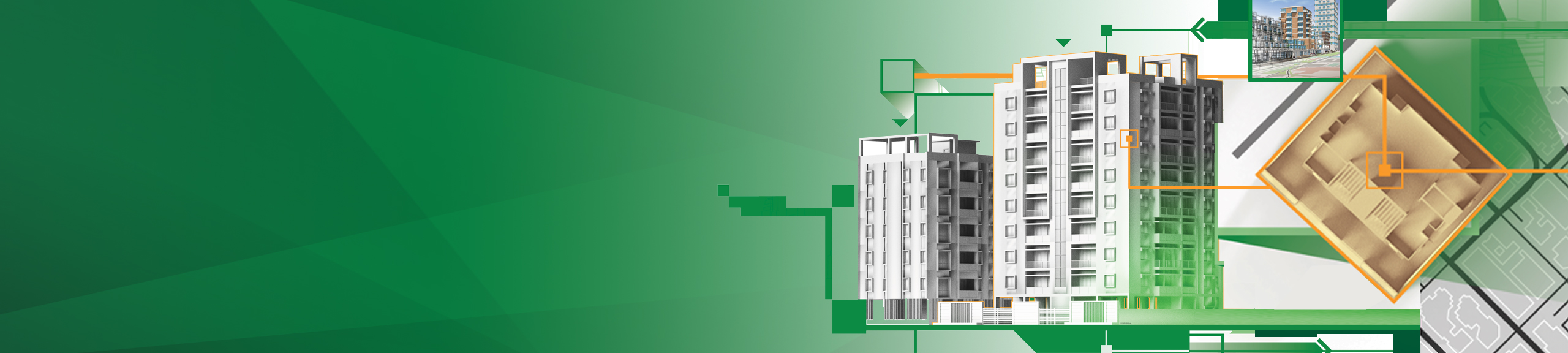 A graphic of two skyscrapers overlaid with building schematics, a map, and a street-level photo of the structure, all on a gradient green background