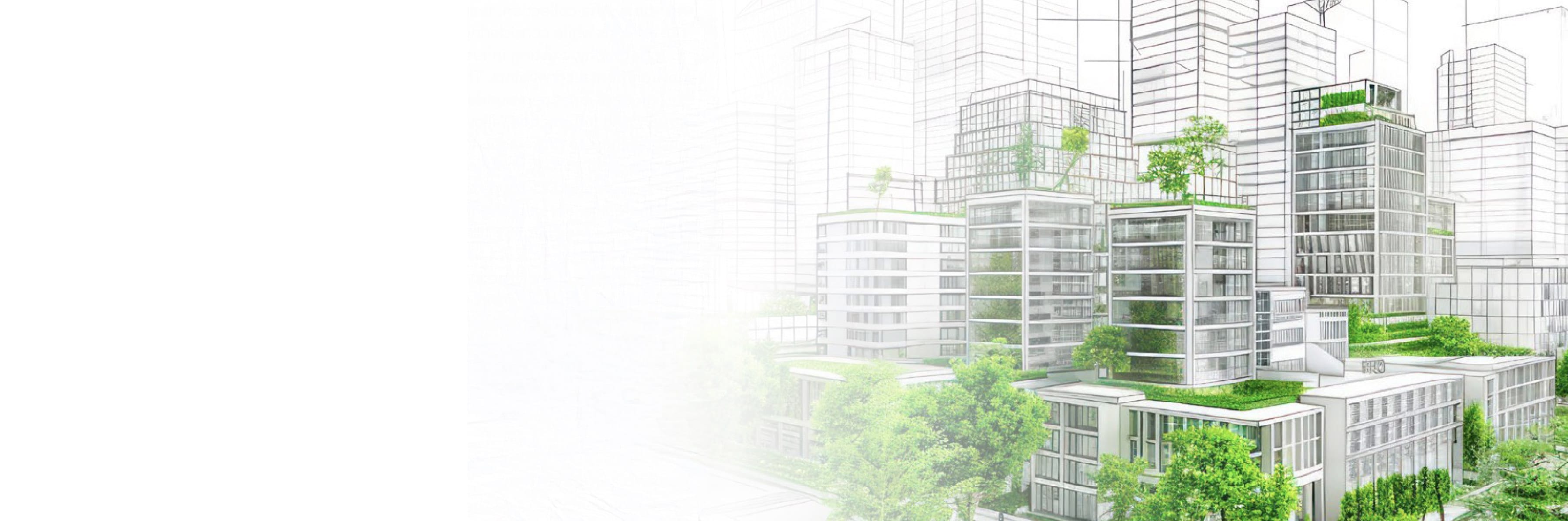 Rough building model in black and white with incorporated landscaping on terraces and rooftops shaded green