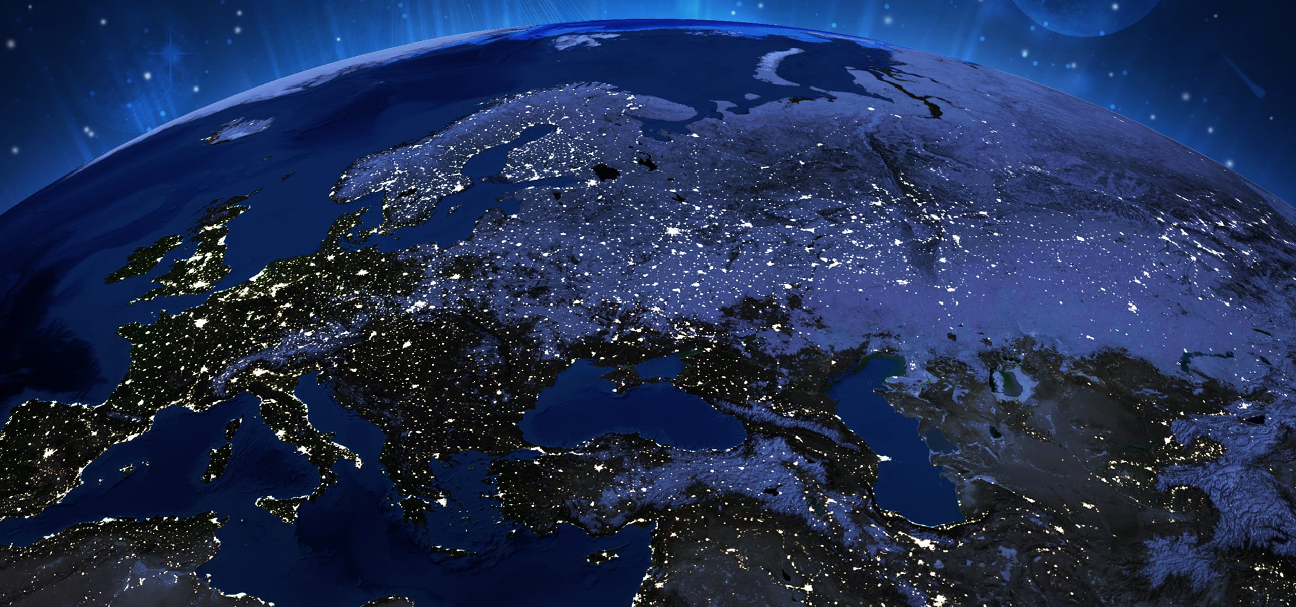 Graphic of the curvature of the Earth from space in deep blue and black scattered with glowing white clusters of light