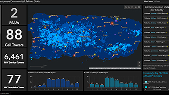 A map dashboard displaying a blue and black region map with scattered red map points, alongside several graphs and data sets