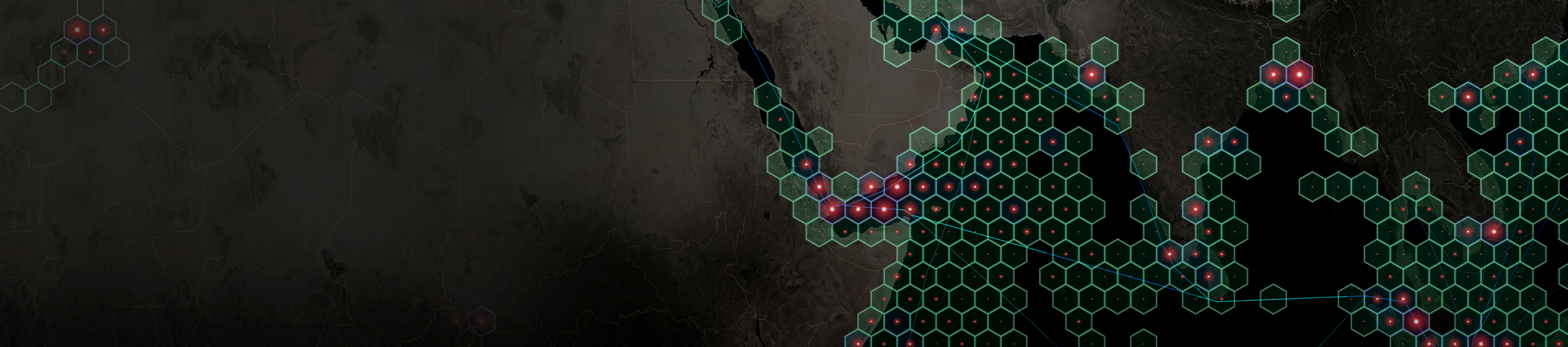 A dark grey map visualizing data with overlaid nesting green hexagons containing glowing pink dots 