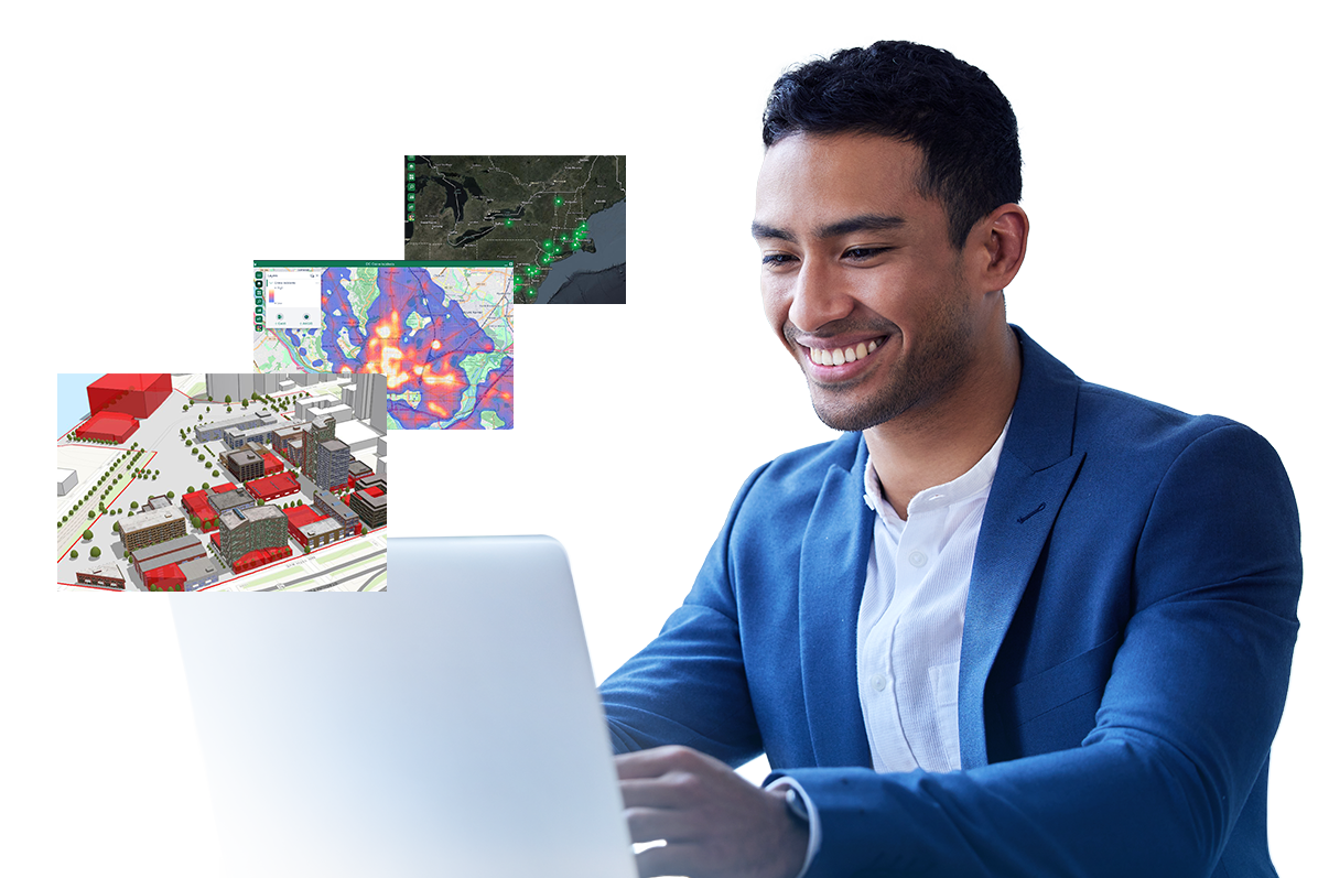 A person wearing business attire looking at a laptop screen overlaid with three smaller images of different maps