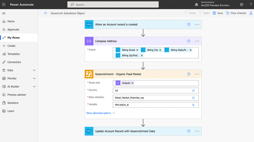 A Microsoft Power Automate interface displaying steps of a workflow with color-coded rectangular boxes