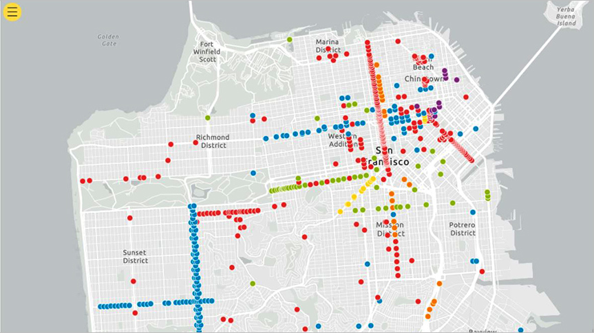 A greyscale map of San Francisco with red, blue, green, and yellow dots in clusters and lines