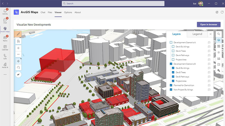 A Microsoft Teams interface displaying a digital model of a block of city buildings, some of them highlighted in red