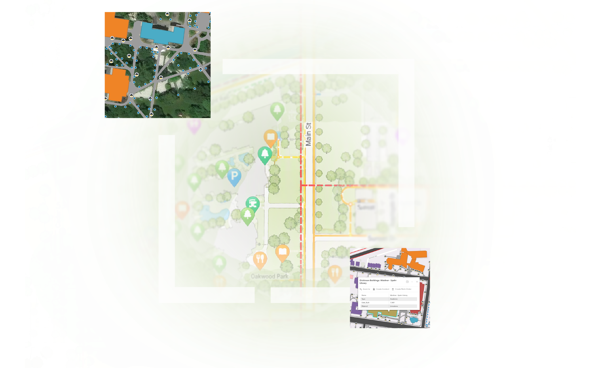 Stylized street map with map points for local features, overlaid with a smaller detailed map and a snapshot of a map analysis menu