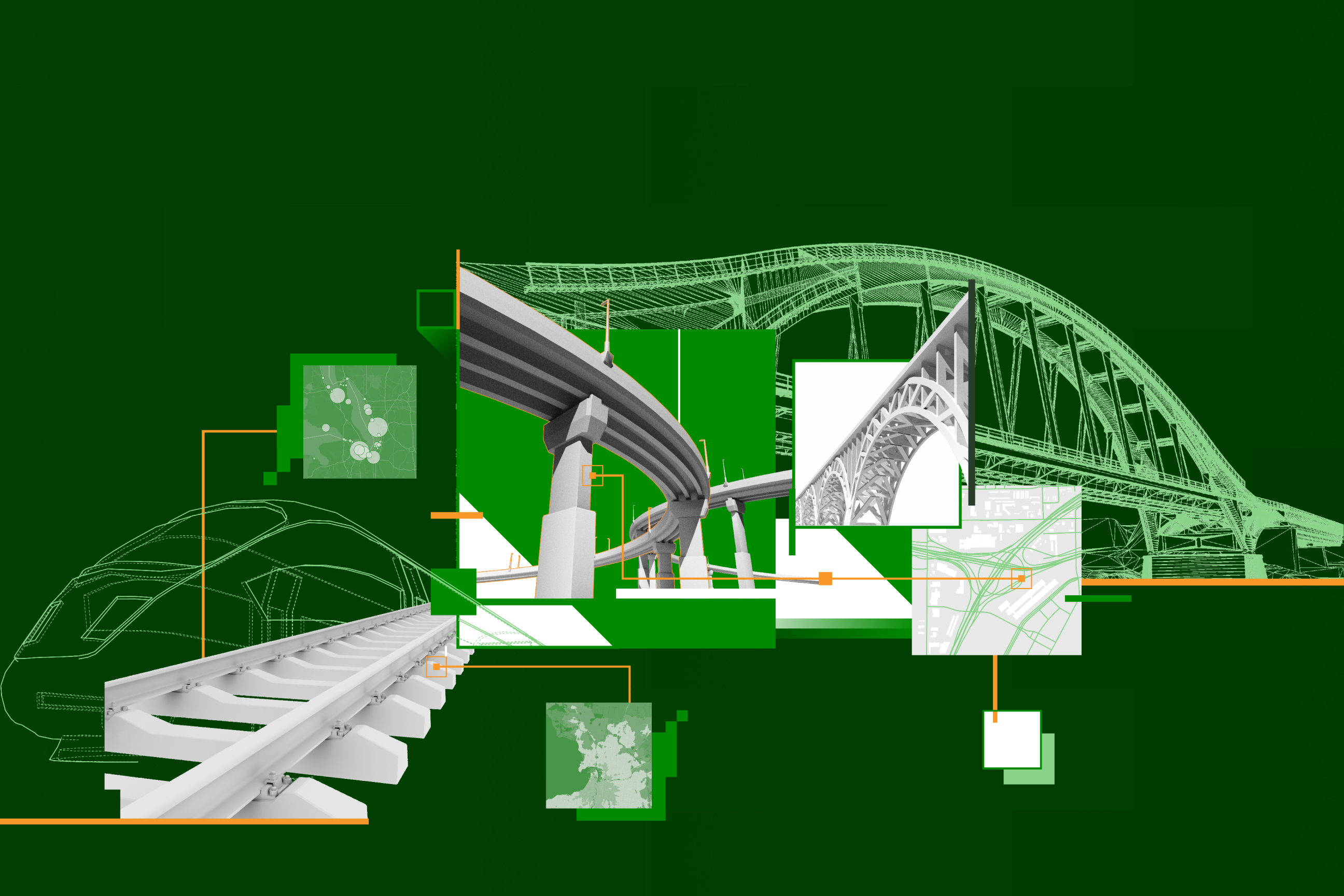 Digital models and renderings of bridges, highways, and railroad tracks overlaid with three images of different maps 