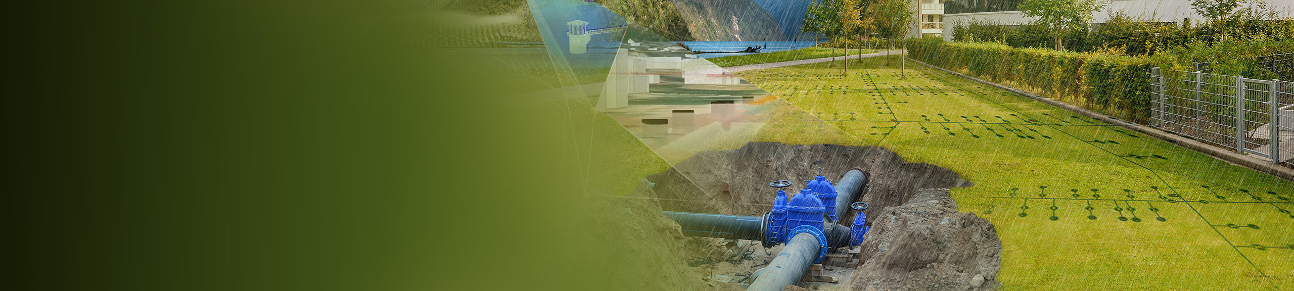 A composite image with a green field overlaid with a grid, a rocky hole exposing blue pipes and gauges, a river beside a steep hillside, and a 3D model of an industrial complex