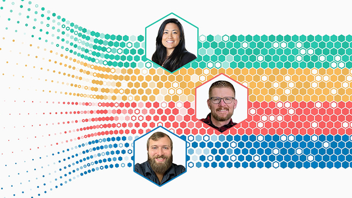Three profile photos connected by colorful hexagons
