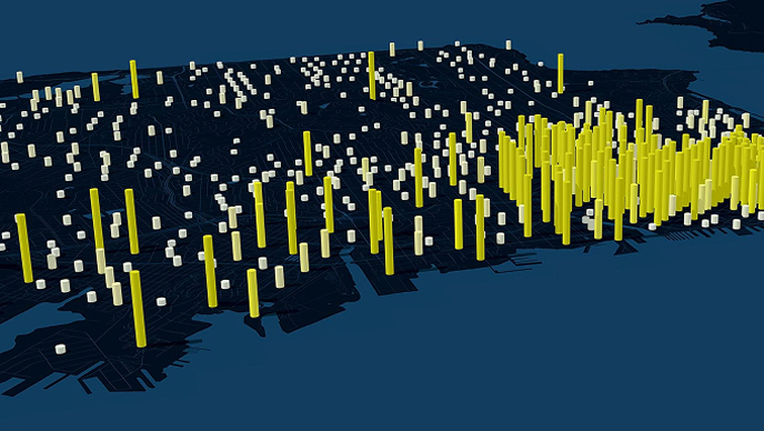 3D map displaying varying volumes of data in yellow across a region