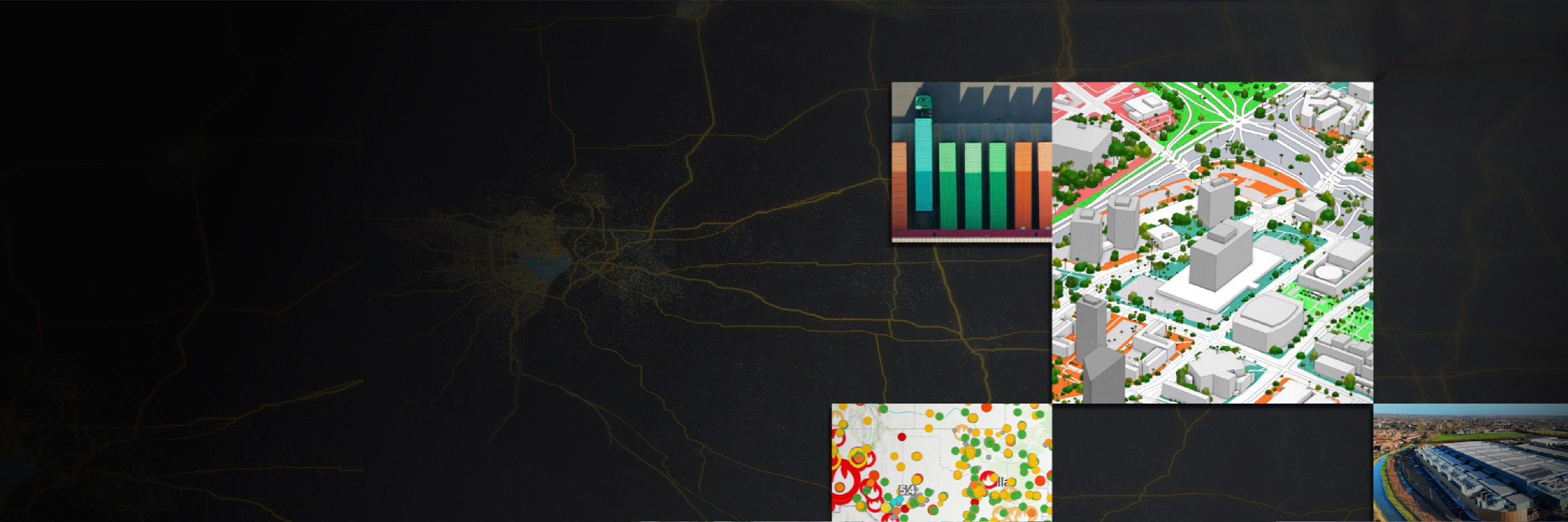 Collage featuring a 3D city model, aerial views of shipping containers & a warehouse & a fire data map with colored dots 