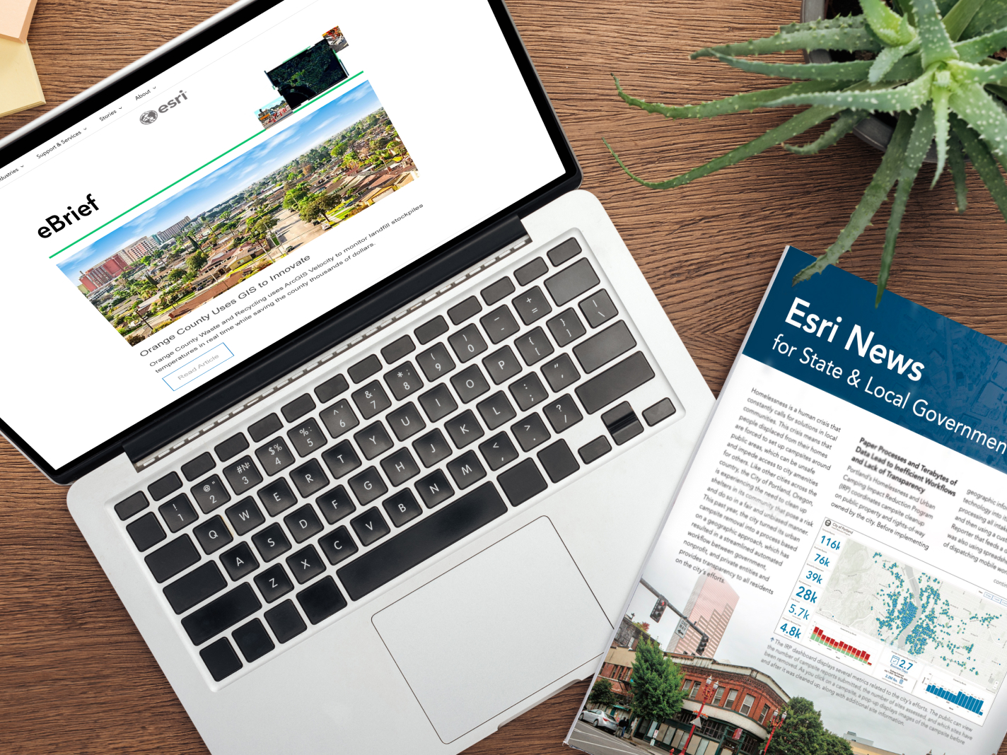 A laptop on a wooden desk with a screen displaying an Esri eBrief next to a state and local government print newsletter and a succulent plant