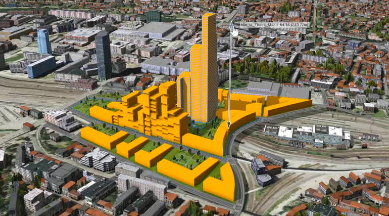 A 3D mesh of a building highlighted in yellow with other buildings surrounding it