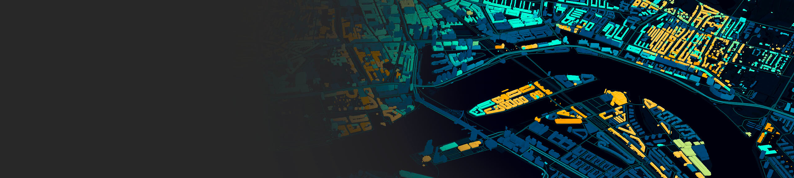 An aerial view of a 3D model of a city in navy blue, green, and yellow on a black background