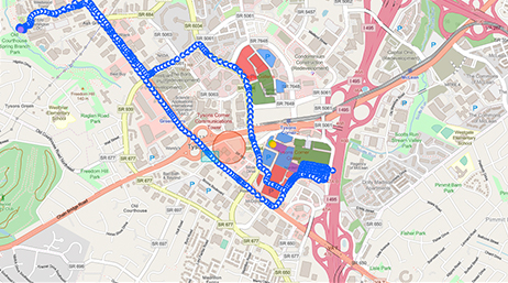A roadmap with a specific route highlighted in blue