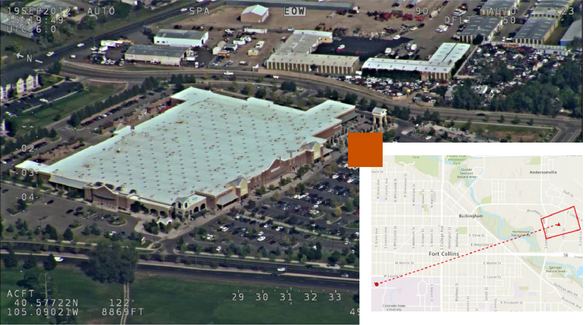 An aerial view of a large building surrounded by a parking lot superimposed with a map bisected by a dotted red line