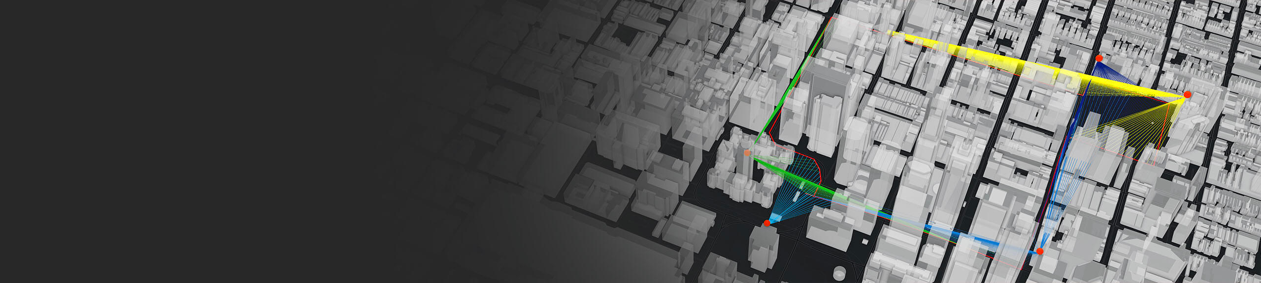 A digital model of dense city buildings with scattered red dots with lines connecting them