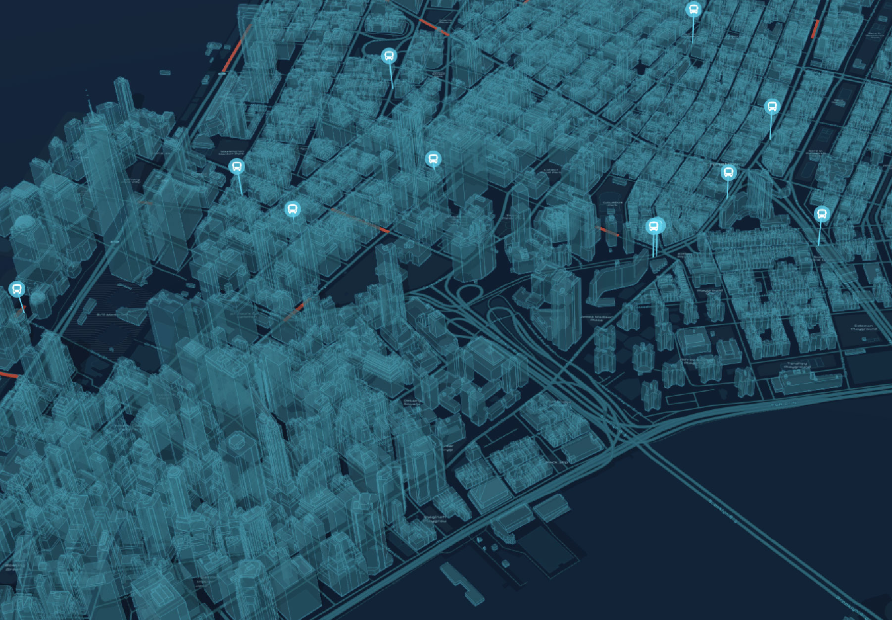 A 3D digital model of lower Manhattan, New York, with blue marker icons pinpointing city bus locations 