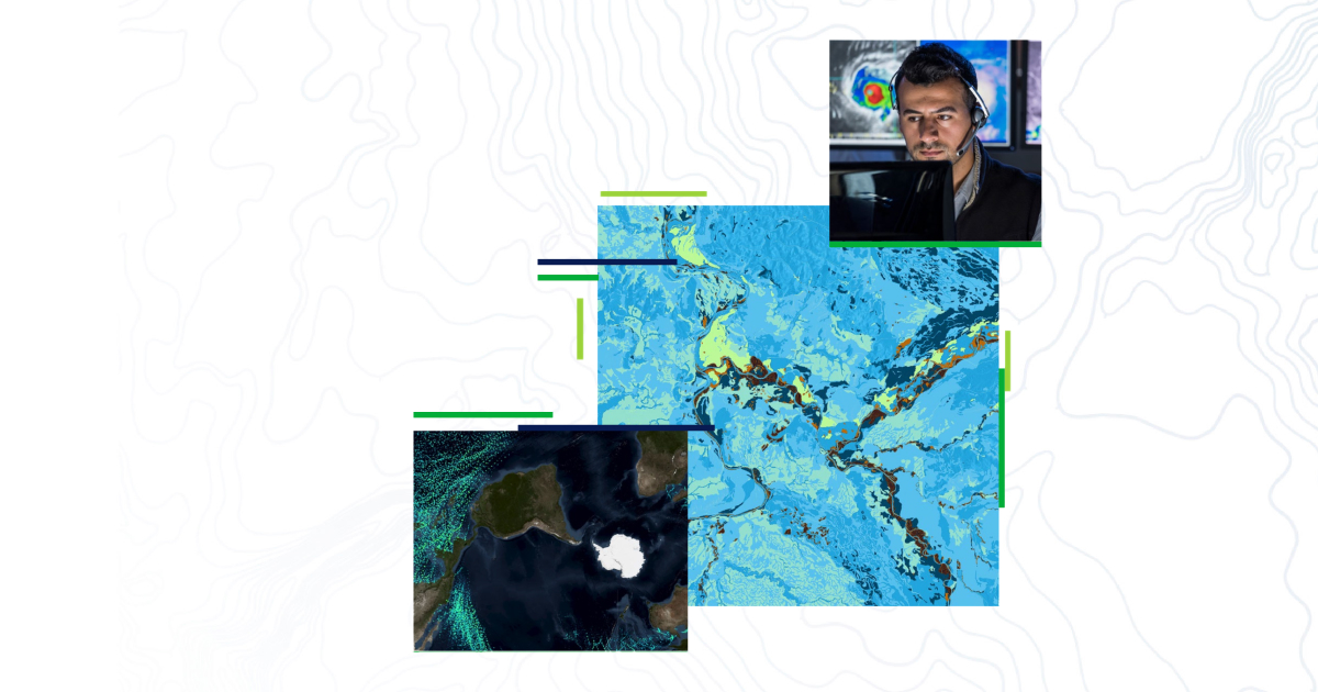 A blue map of mountains and rivers overlaid with a satellite image of an ocean and a person wearing a headset and using a computer in a weather command center