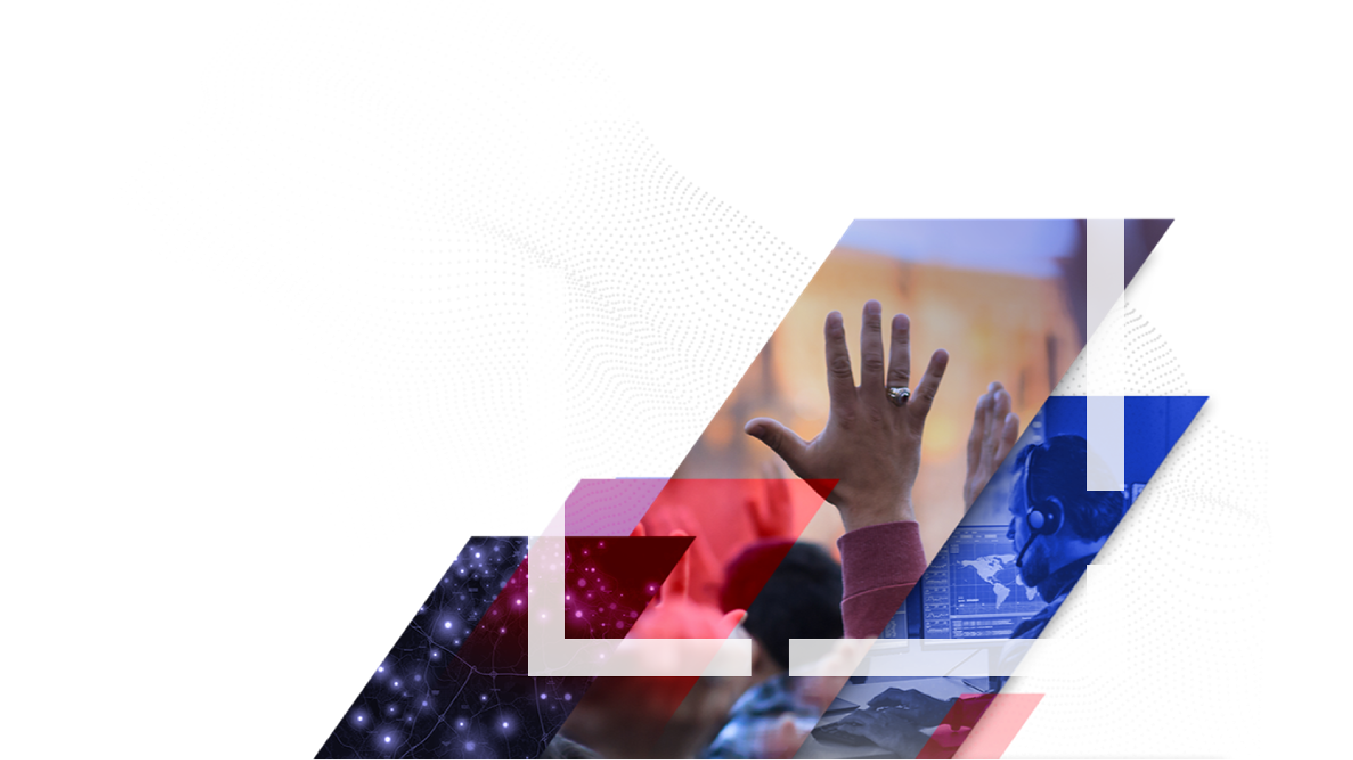 A group of people with hands upraised as if to vote, alongside an image of a row of occupied voting booths