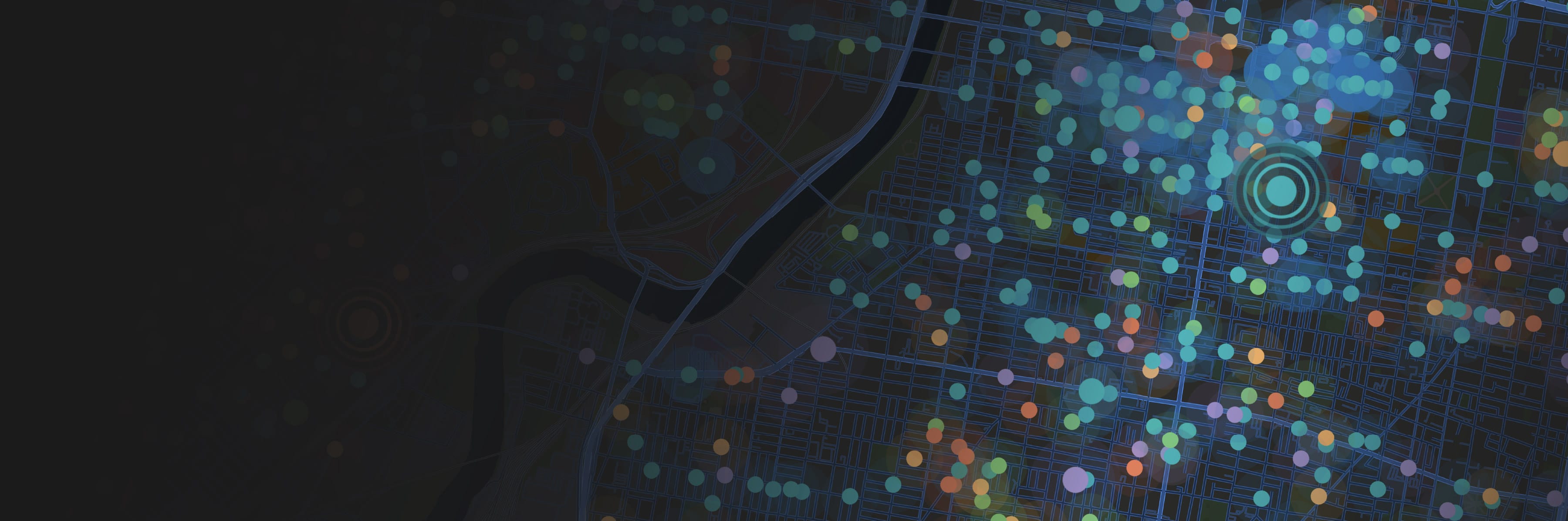 A map overlaid with scattered, colorful dots, and a large circular map marker in the top-right corner