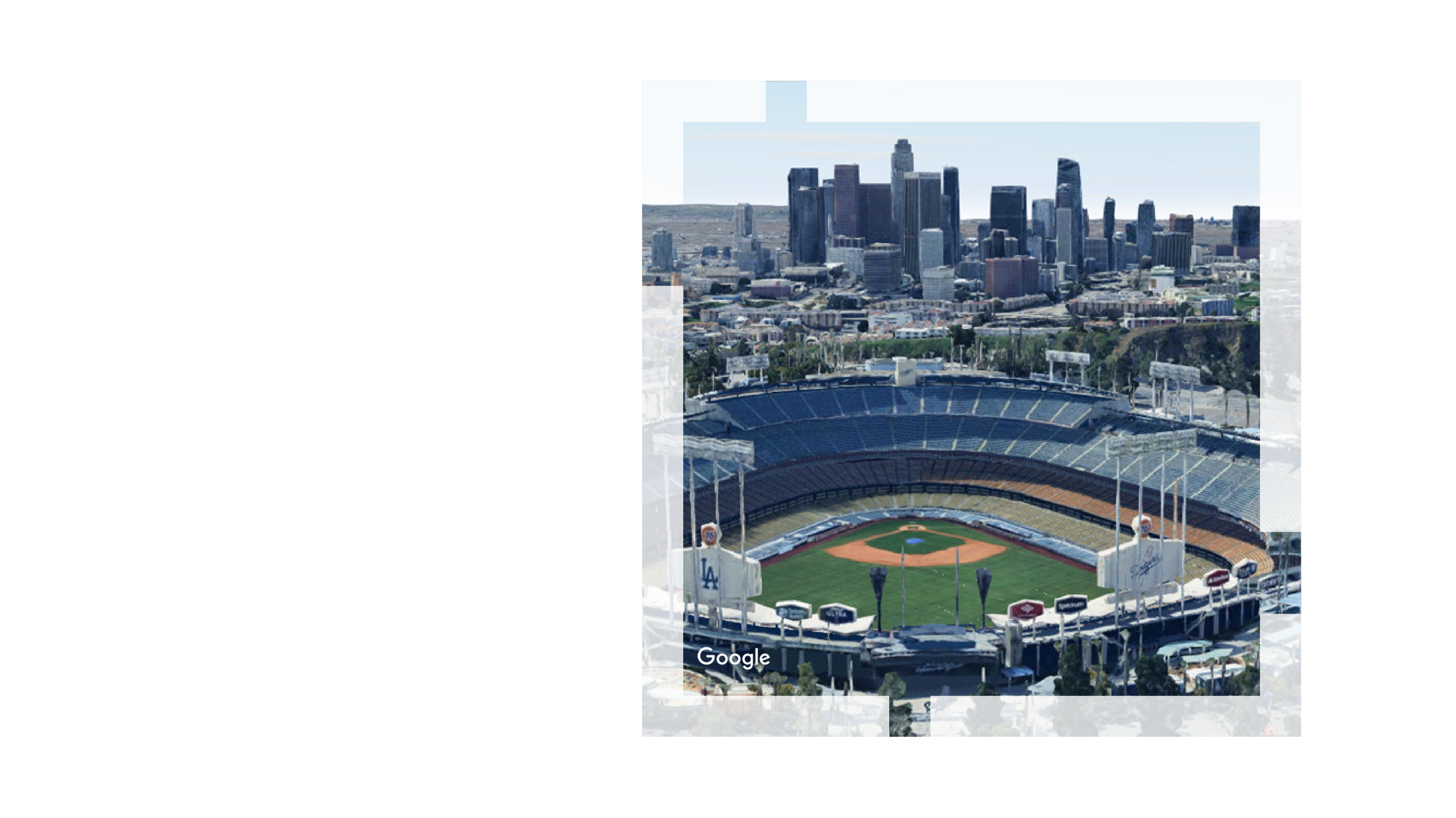 An aerial view of Dodger Stadium and the Los Angeles, California, skyline overlaid on a grayscale map of the city