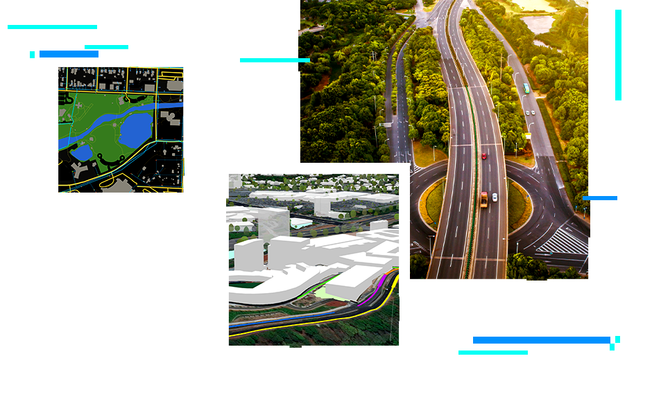 A collage of images with a tree-lined highway, a 3D city model in green and white, and an infrared map, with a background of a city shaded in deep blue
