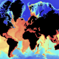 A world map shaded vivid gold, blue, and black