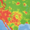 A heat map of the U.S. in red and green