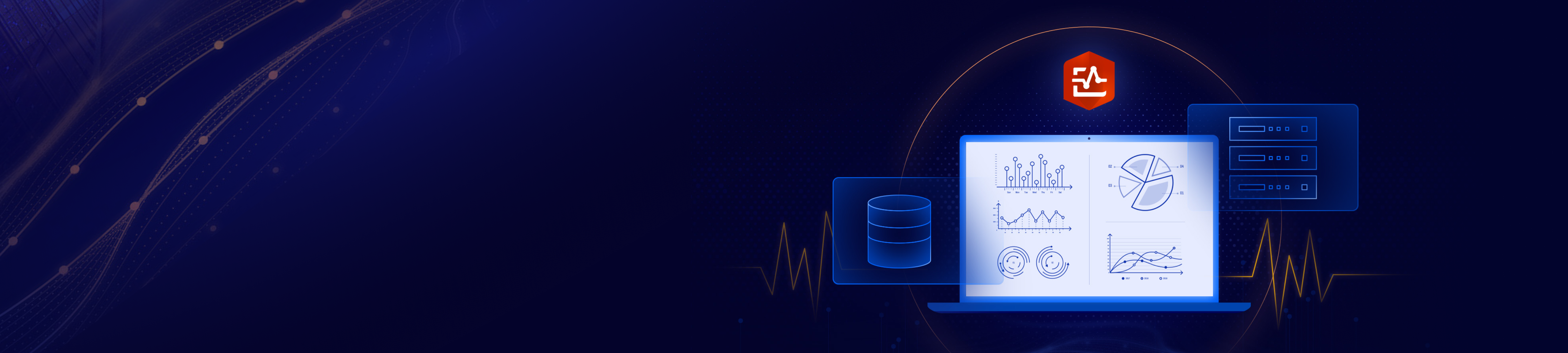 A graphic of an open laptop displaying a variety of stylized charts on a deep blue background with flowing and jagged orange lines