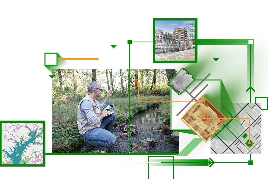  A collage of images including a person squatting beside a stream in a sunlit meadow looking closely at a vial of water, several colorful maps, and a city street lined with tall buildings
