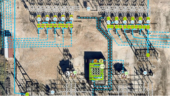 A satellite image of a power substation with overlay of digitized utility lines and other utility infrastructure from GIS. 