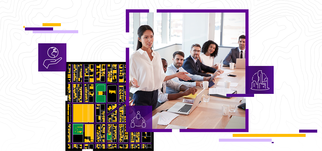 Group of businesspeople listening to a presenter in a conference room, a map of infrastructure on tribal land, and icons of people, builds, and a hand holding Earth