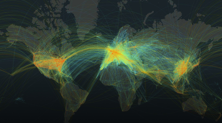 A map of the world shows logistics routes between continents in bright overlapping lines of green, blue, yellow, and red.