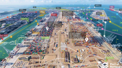 An aerial image of a port is overlaid with symbols showing container drop-off points, shipping routes, and key equipment.