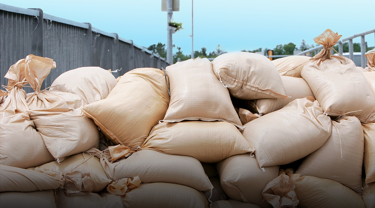Sandbags piled high to stop flooding during a storm surge