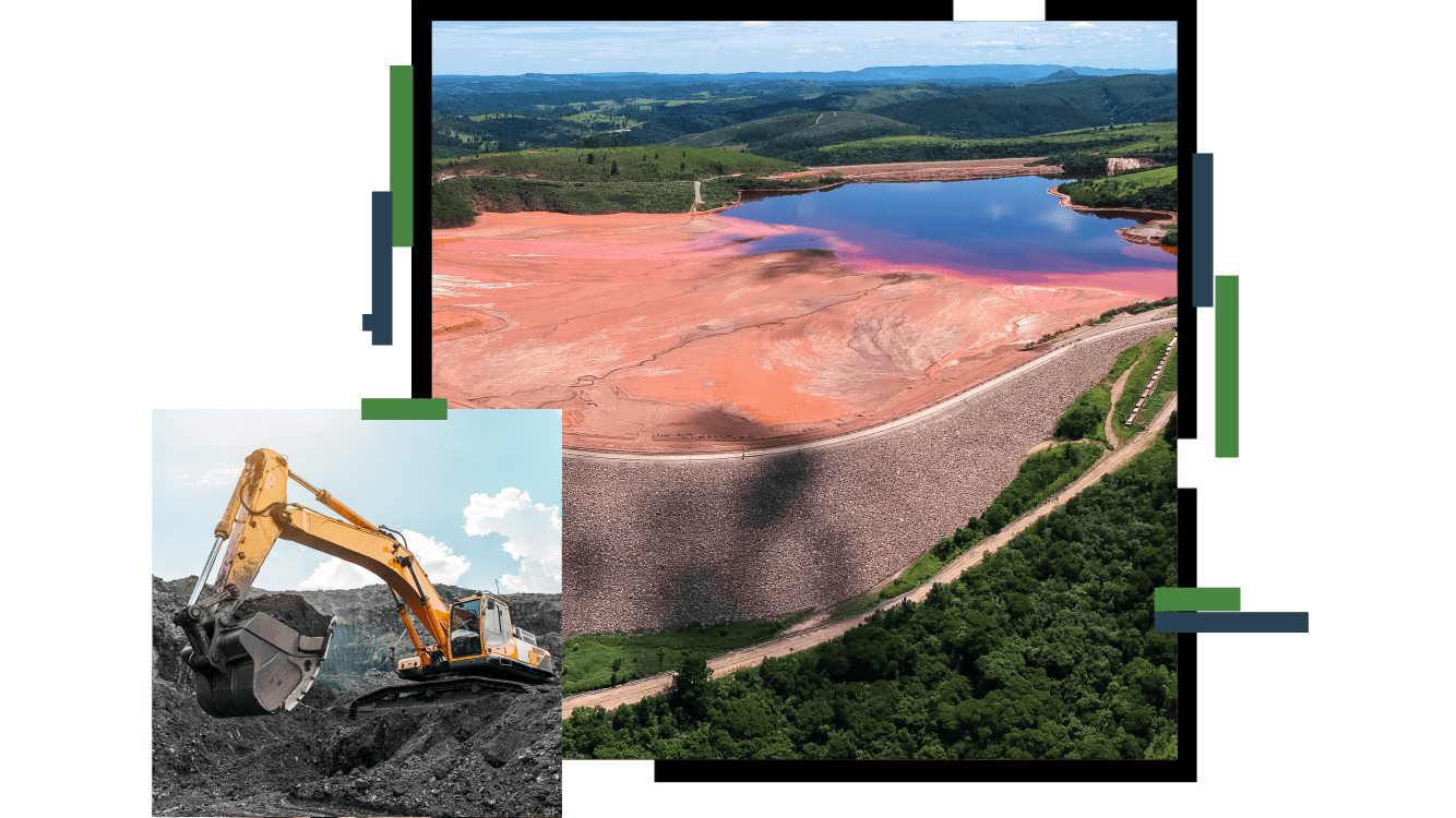 An aerial view of a large, bright pink tailings pond, contained by a dam, with trees and hills in the background, overlaid with an image of a large excavator digging into a heap of coal