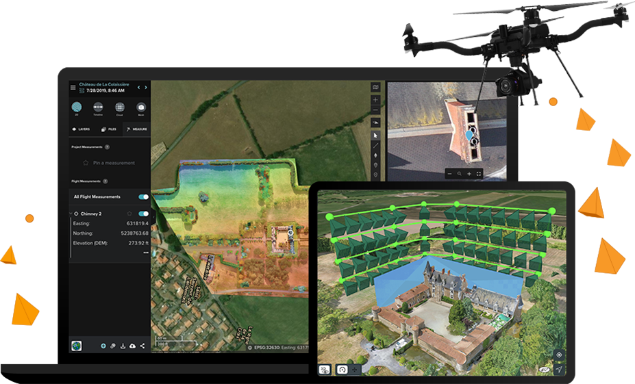 A flying black drone next to a tablet and laptop displaying aerial images of green land, buildings, and blue water