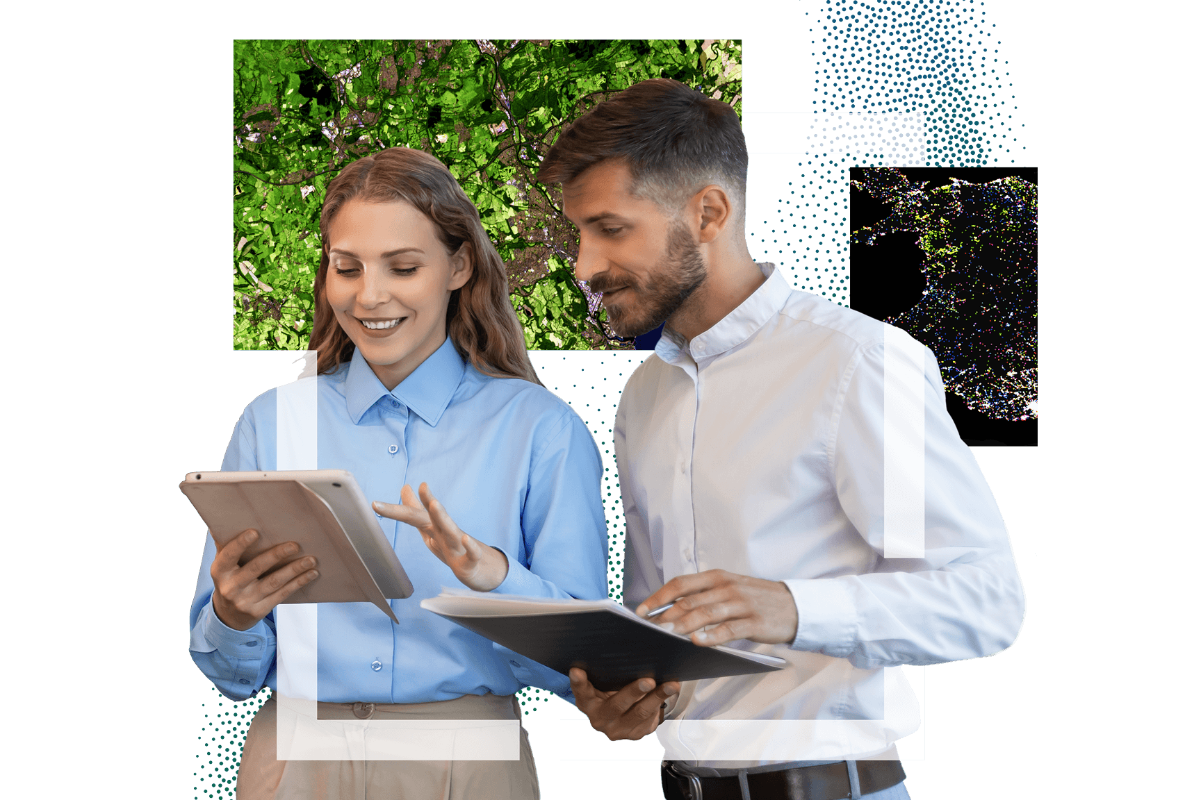 A pair of smiling people dressed in neutral-colored professional attire, sharing a laptop display with a graphic of several small maps behind them
