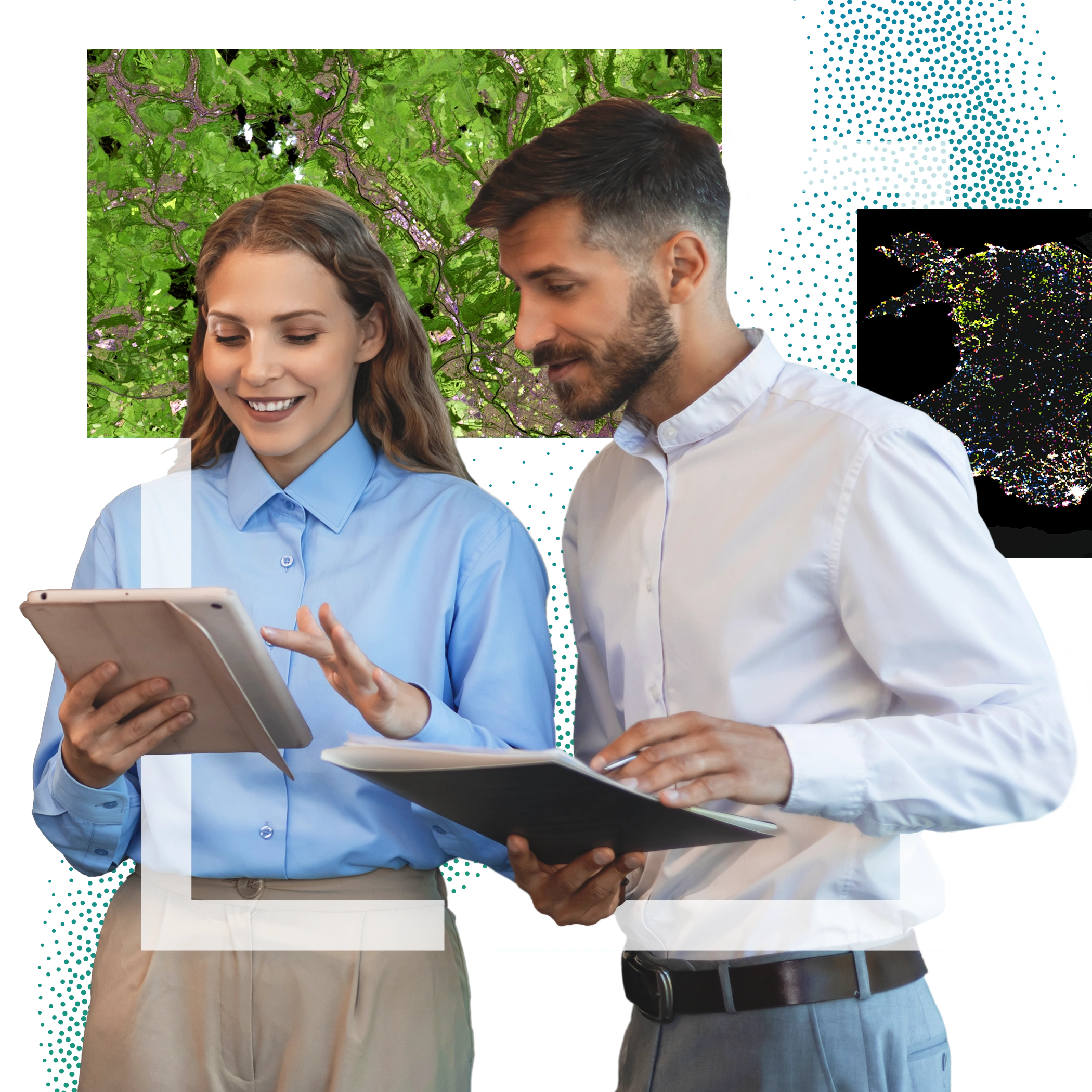 A pair of smiling people dressed in neutral-colored professional attire, sharing a laptop display with a graphic of several small maps behind them