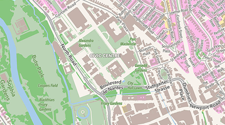 Street map of Cardiff in pink and green